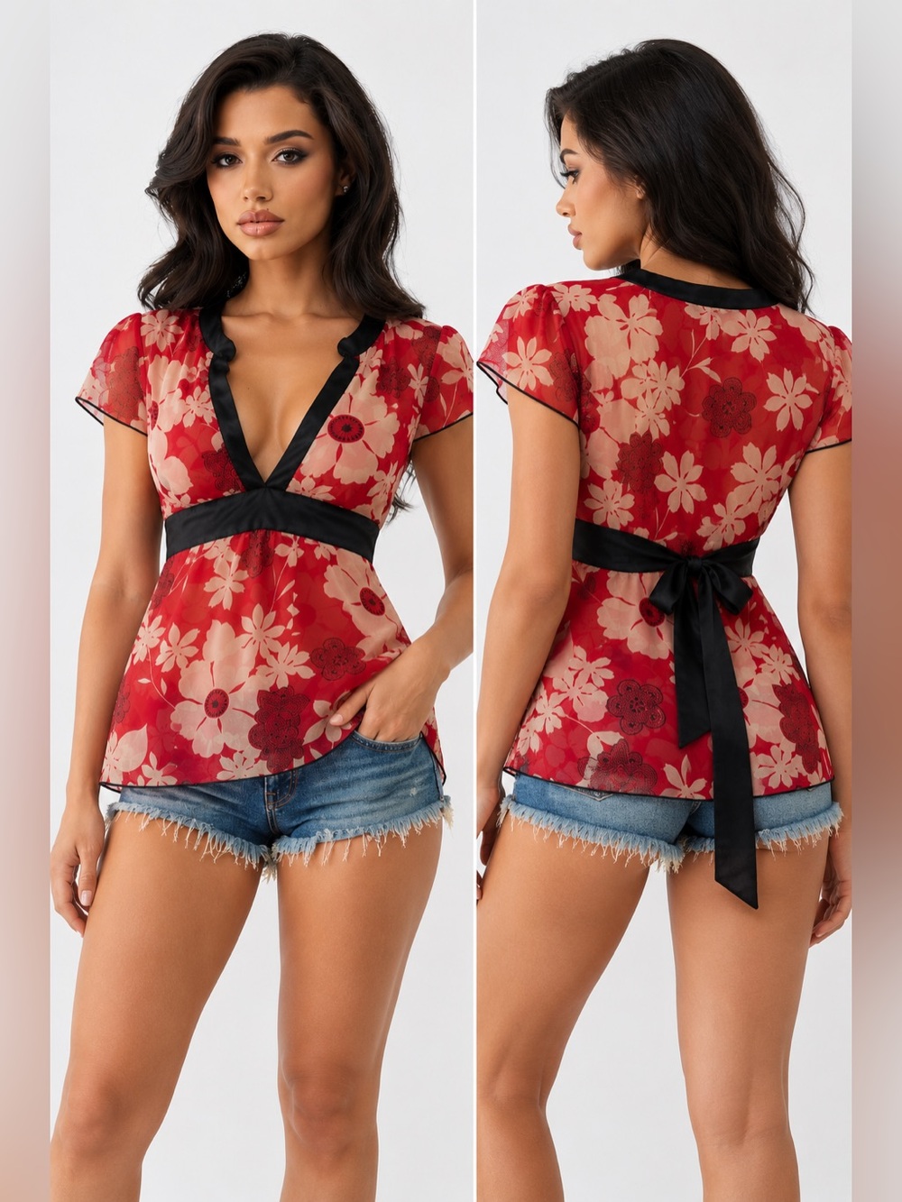 Love Squared Y2K Sheer Floral Mini Dress V Neck Sash Fairy Grunge M